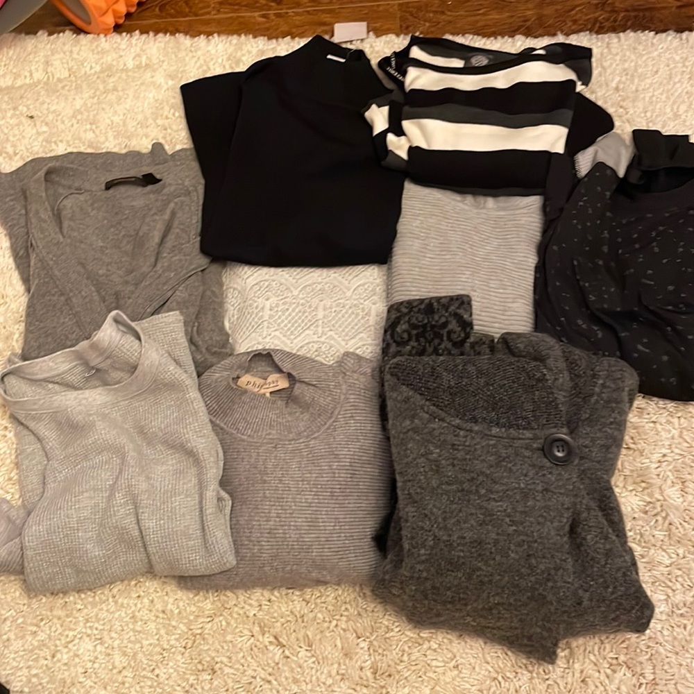 bundle of women’s sweaters grey black